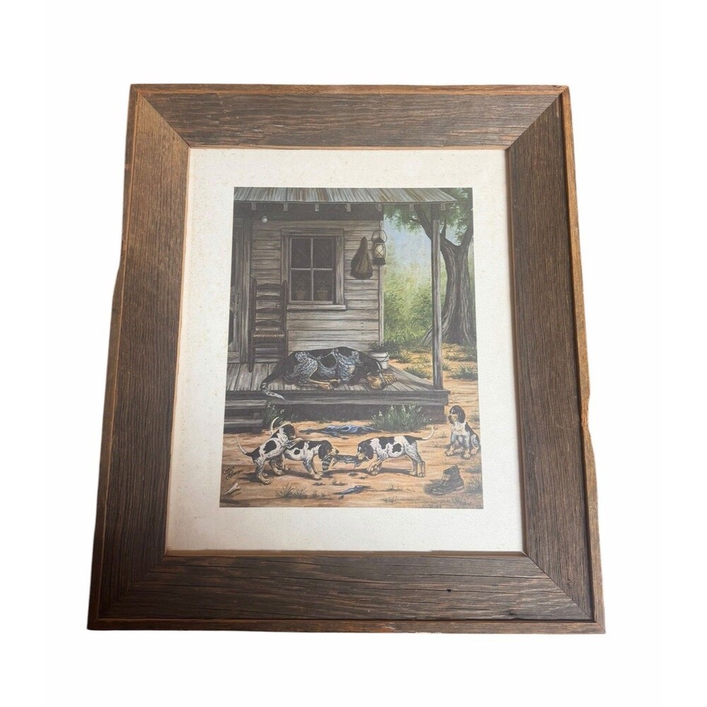 Vtg Bluetick Coonhound Hunting Dog Art Print Rustic Barn Wood Frame 15”x18”